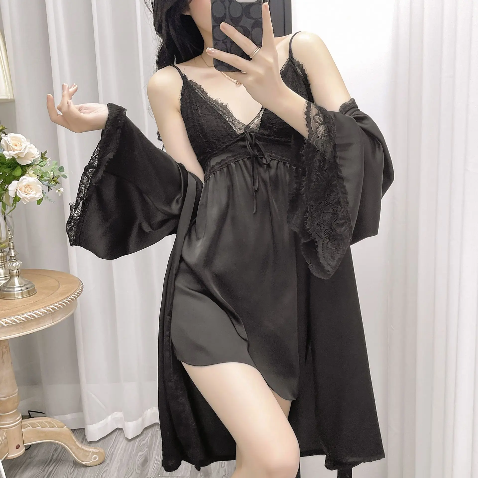 

New Sexy 2PCS Robe Set Women Nightgown V-Neck Lace Kimono Gown Homewear Lady Silky Rayon Sleepwear Nightdress Bathrobe Suit