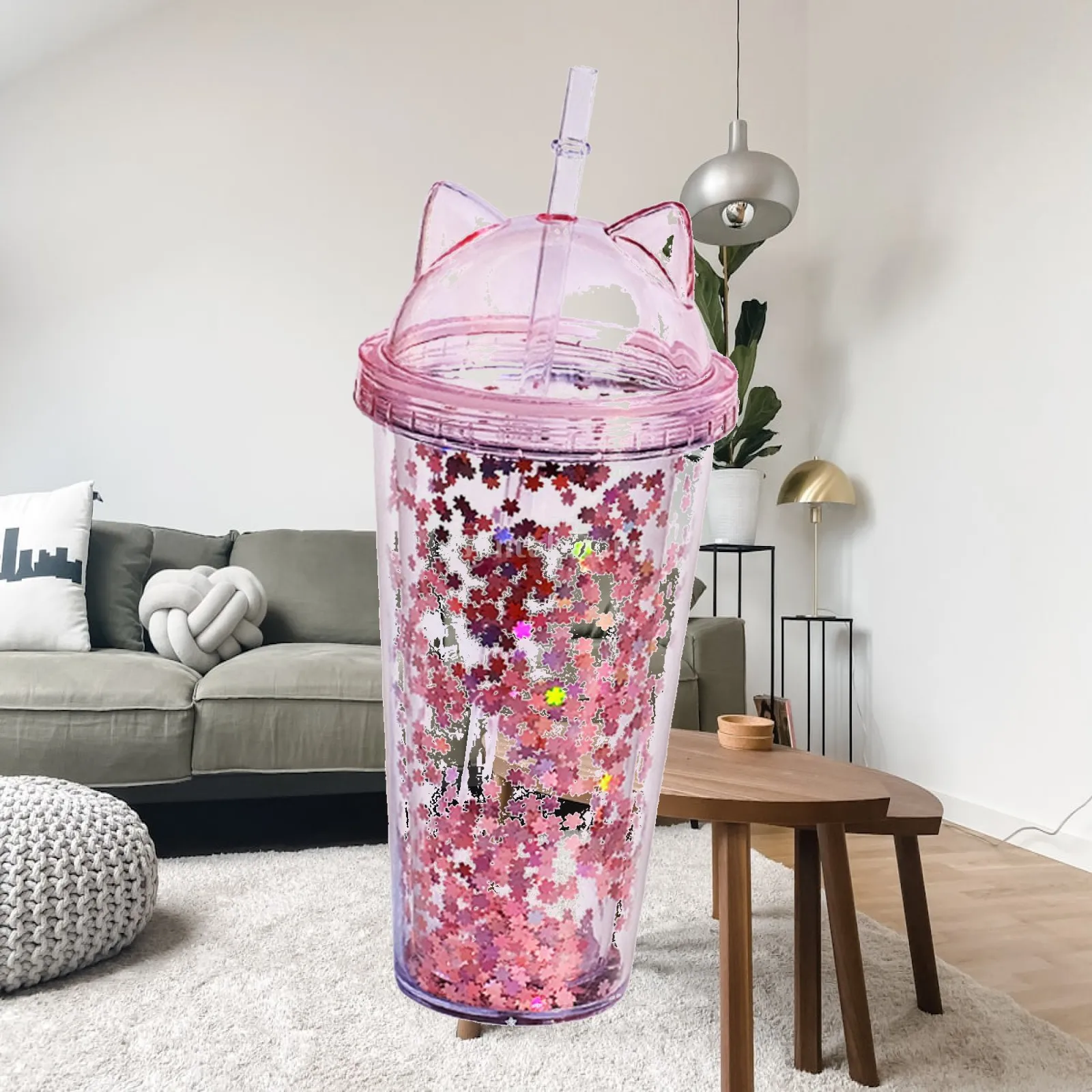 Sequins Double Wall Tumbler with Lid and Straw Mugs 420ml Insulated for Coffee Beverages