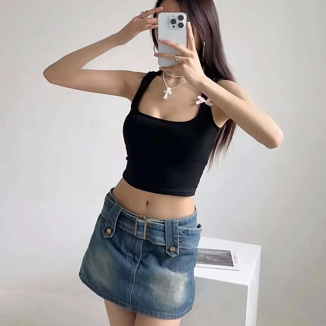 

American Sle Sweet Spicy Knot Square Collar Svel Vest Women Summer Elastic Slimming ort Crop Top
