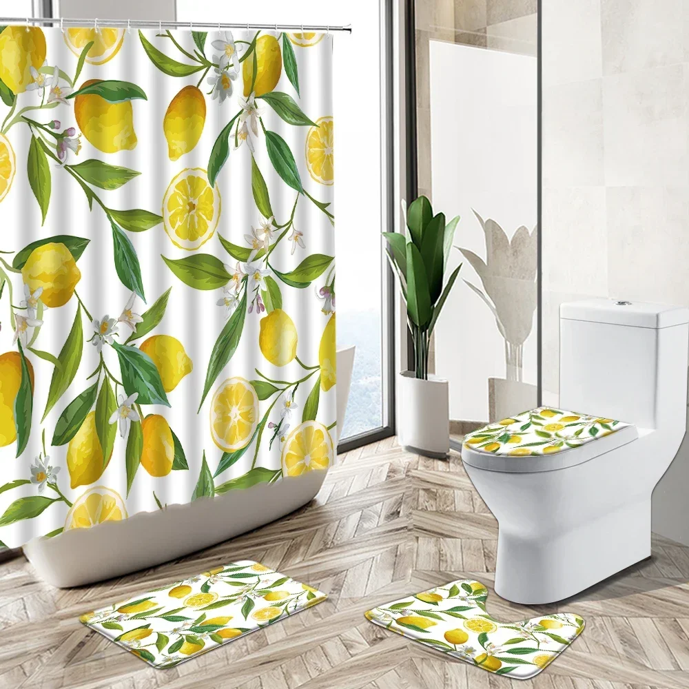 Summer Fruit Shower Curtain Lemon Plant Green Leaf Flower Pattern Exotic Home Deco Bath Mat Toilet Cover Flannel Bathroom Carpet