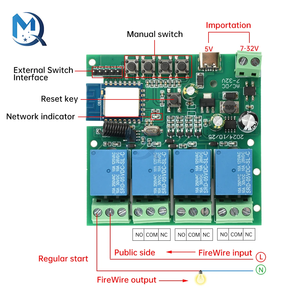 DC/AC 5VDC 7-32V 4-Channel Remote Control Relay Switch Module Connected To Graffiti App Wifi Control+433Mhz Rf Remote Control