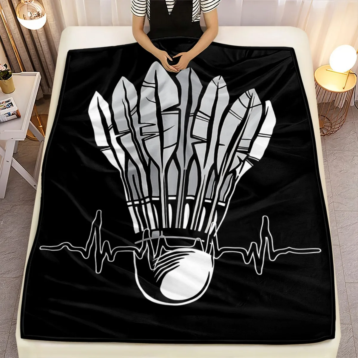 Badminton Shuttlecock Heartbeat Design Flannel Blanket Sports Theme Bedding Soft Cozy Throw For Badminton Fans Gifts