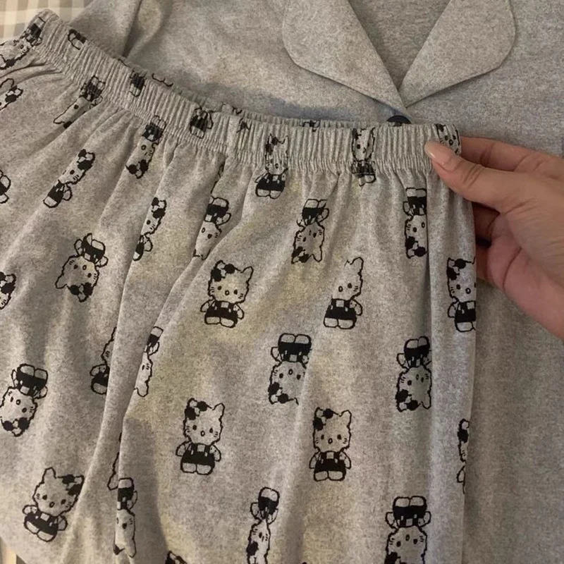 Gri Hello Kitty baskılı pijama pantolon Kawaii Y2K gevşek boyutu ev mobilya kız sevimli yaz rahat pantolon doğum günü hediyesi