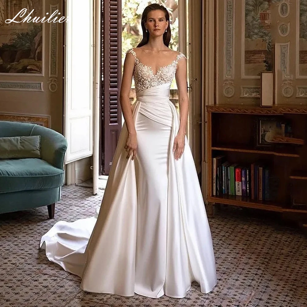 Lhuilier Elegant 2 in 1 Mermaid Beaded Satin Wedding Dresses Sleeveless Pleated Bridal Gown with Detachable Train