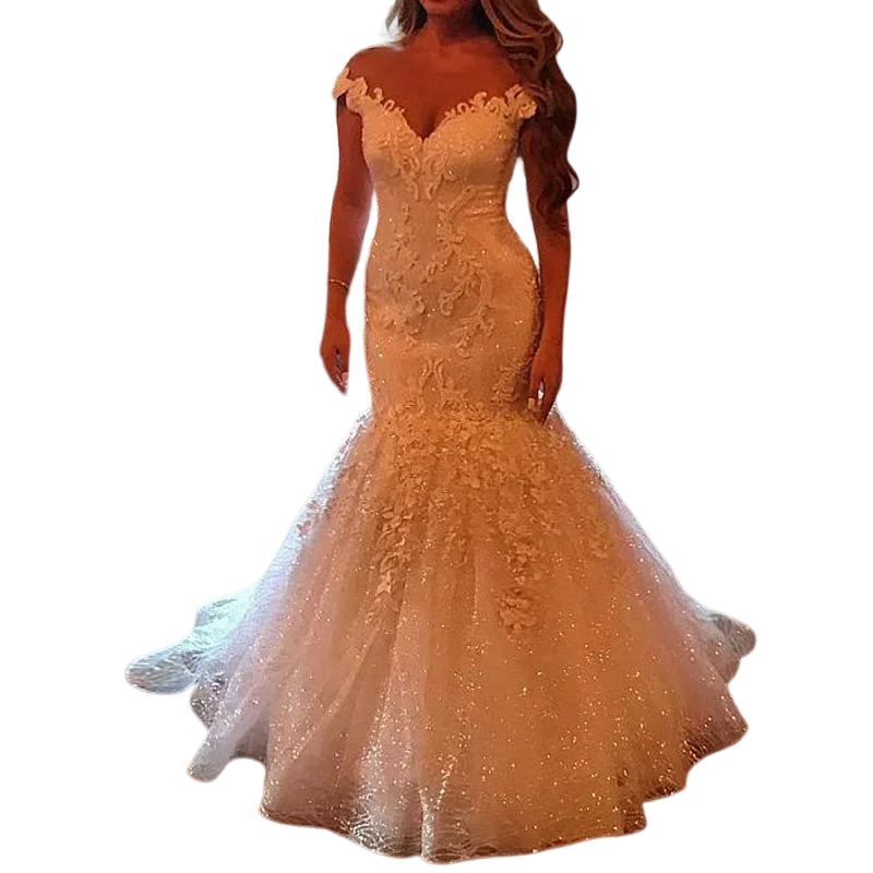 Customized Stunning Appliques Shinny Sequins Mermaid Wedding Dresses Sweep Train Off The Shoulder Backless Robe De Mariée Bridal