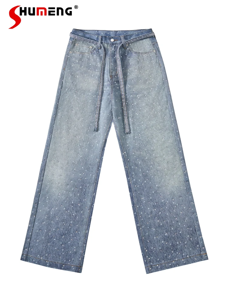 

Women's 2025 Four Seasons Wear Cotton Jeans Trendy Rhinestone Full Diamond Loose Straight Denim Pants Female Chic Denim Trousers