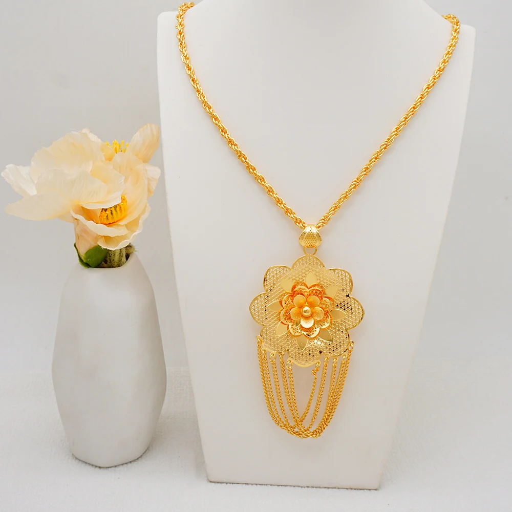 Fashion Flower Dubai Gold Color Jewelry Sets For Women African Bridal Tassel Necklace Earrrings Nigerian Wedding Party Gifts