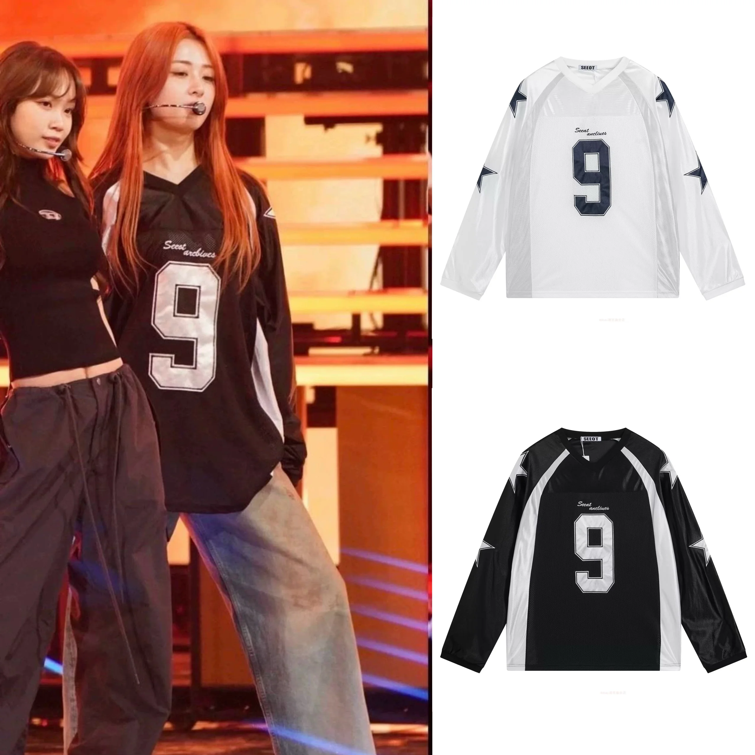 

Loose American Sle Long Sve T-irt Embroidered Casual Faion V-Ne Mid-Length Text Pattern for Young Women