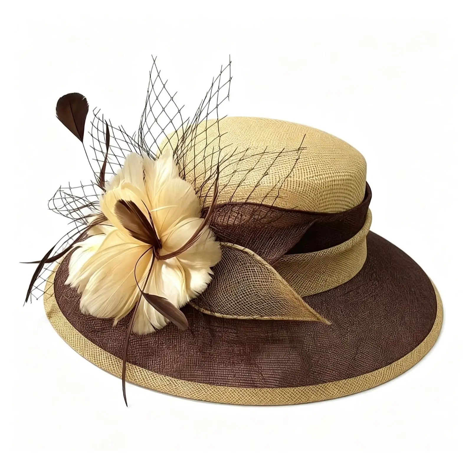 Women Sun Protection Hat Wide Brim Floral Fascinator Hats for Wedding Lightweight Mesh Linen Headwear for Tea Party