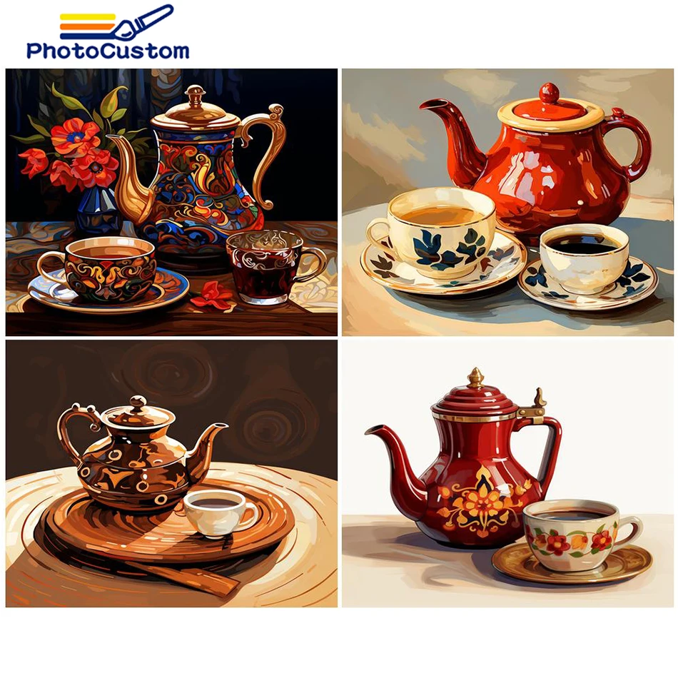 

PhotoCustom Painting By Numbers Abstract Tea Set DIY Kits On Canvas Acrylic Paint For Adult Oil Picture Drawing Coloring By Numb