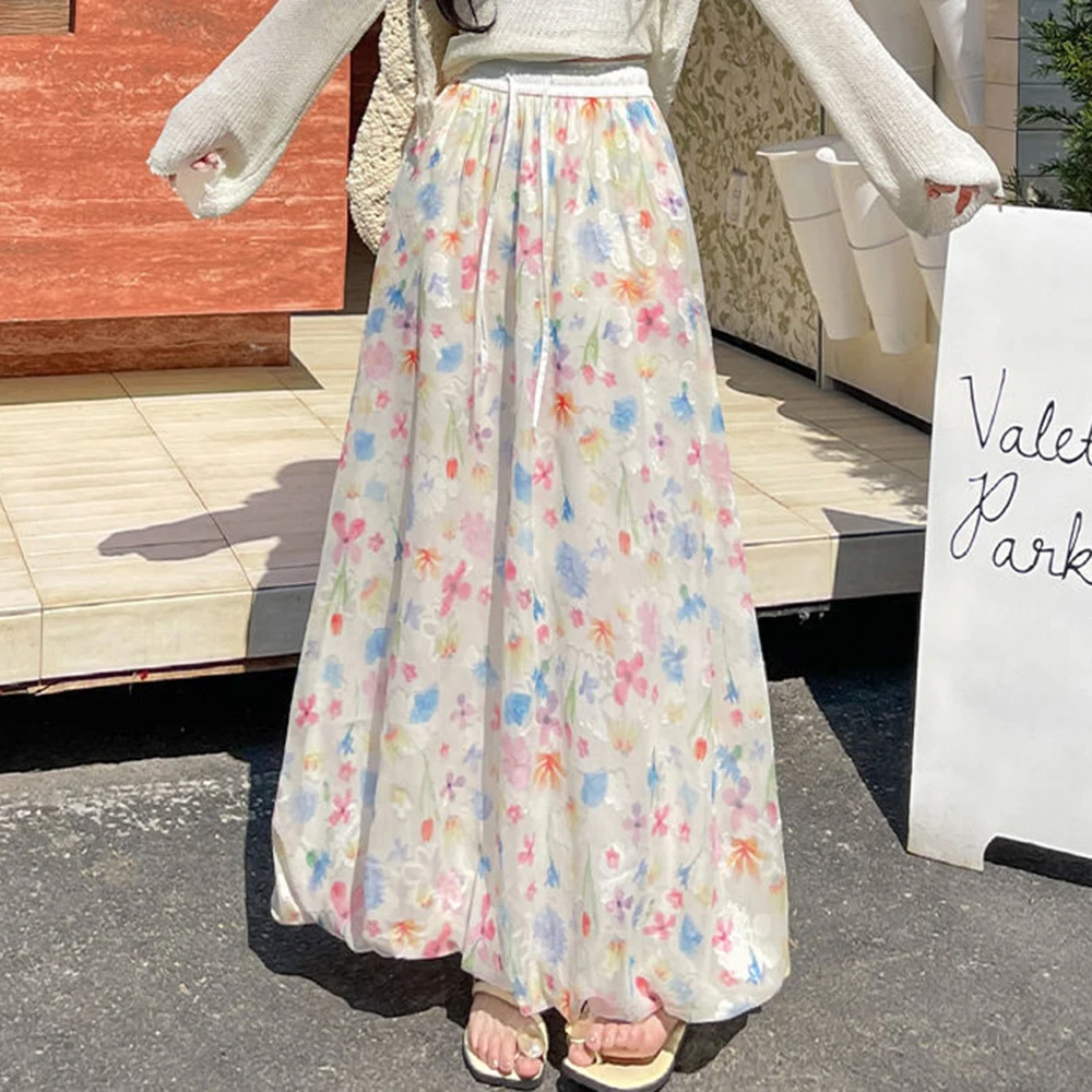 Colorful flower bud skirt, half body skirt,  high waisted cloud skirt, printed medium long fluffy long skirt