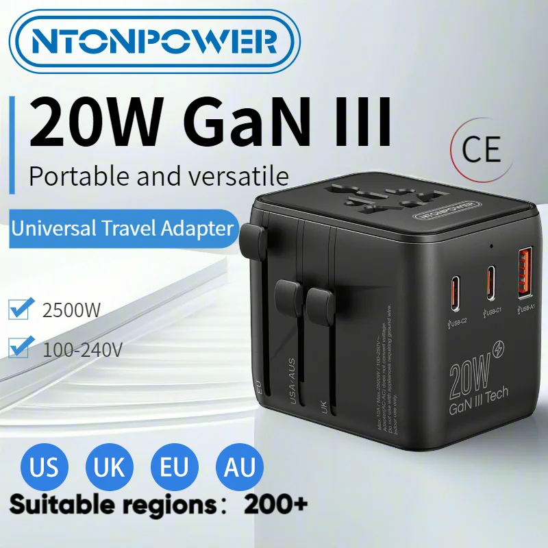 Universal Travel Adapter With 2 AC Outlet 2USB-C Ports 20W Fast Charge For US EU UK AUS Plug Supports voltage from 100 to 240V
