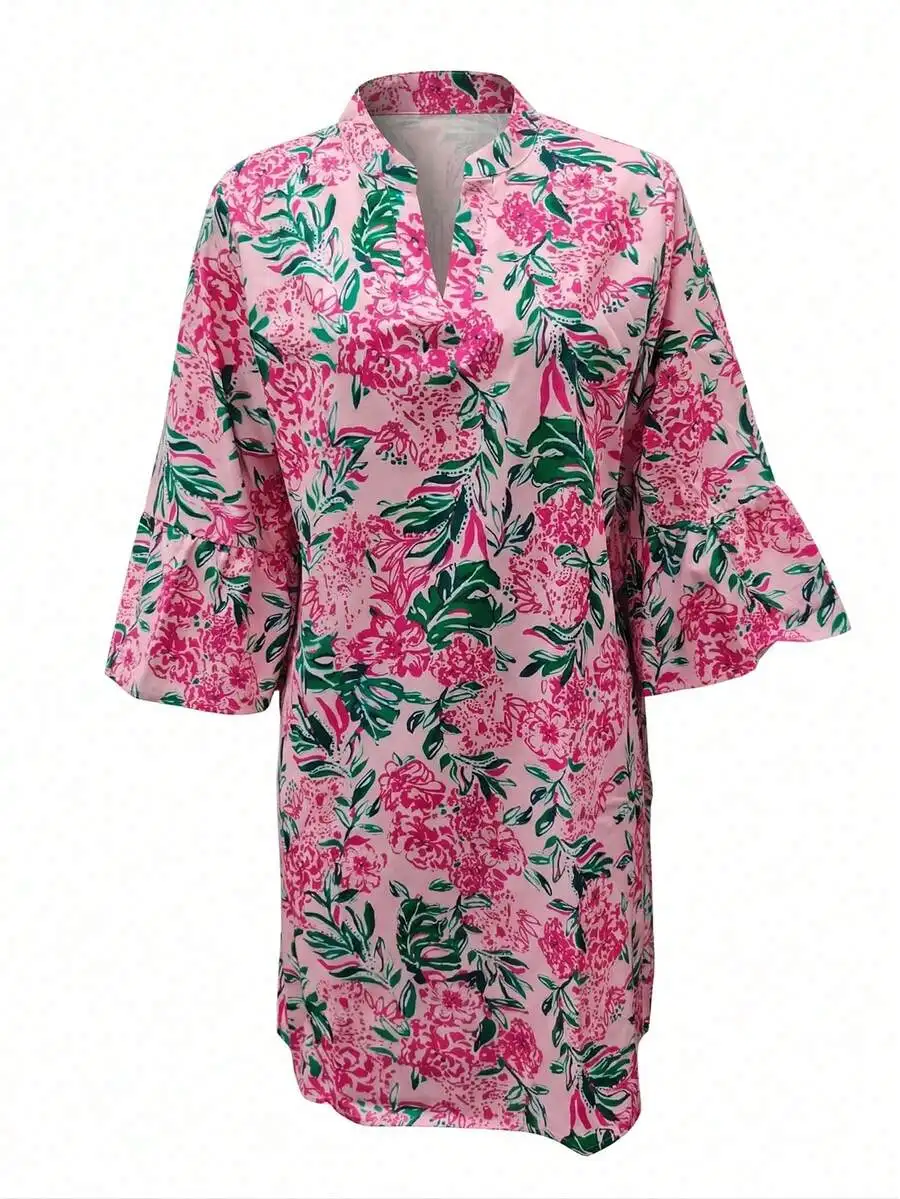 Women's Bohemian Style Floral Print Mid-Length Dress, With Notched Neckline And 3/4 Bell Sleeves, Fashionable Button And Ruffle
