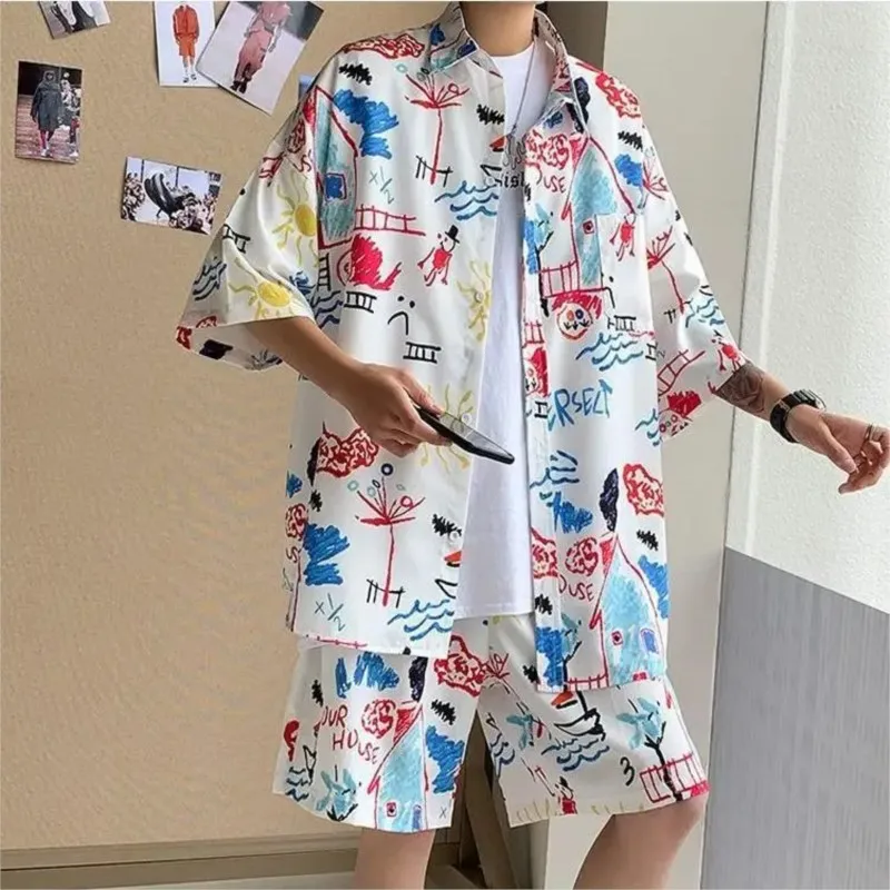 

Summer Hawaiian Shirt Suit Loose Square Collar Short Sleeve Pocket Floral Shirts Shorts 2 Piece Set Vintage Hawaiian Beach Suits