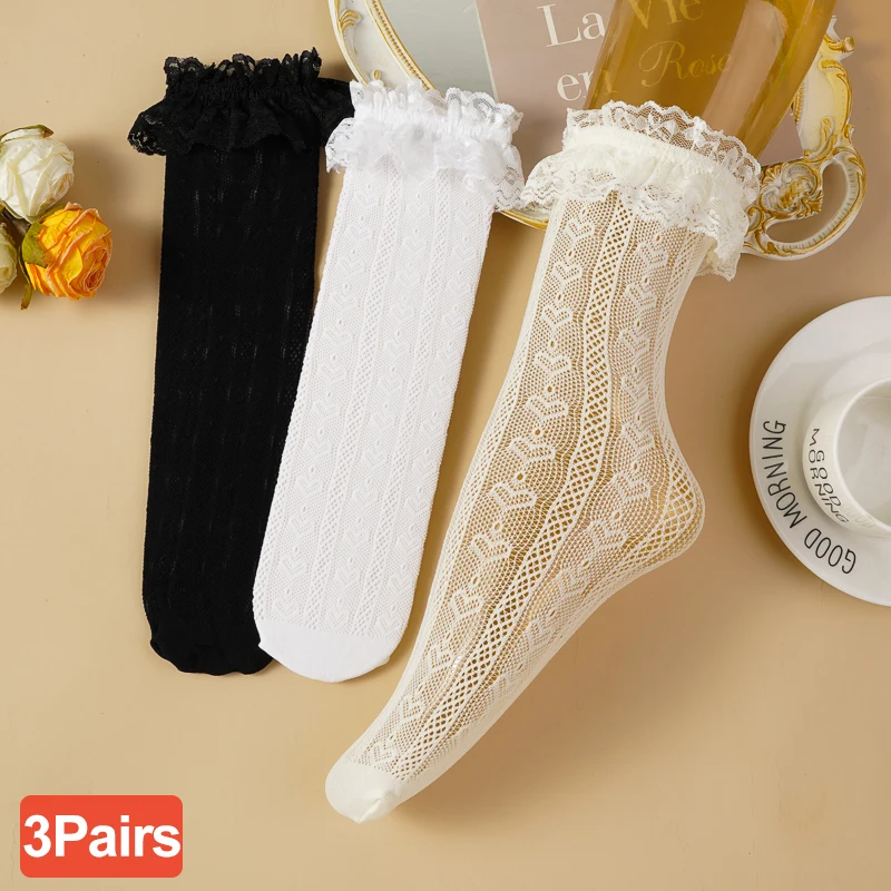 

3 Pairs Women's Lolita Style Lace Heart Summer Thin Mid-tube Socks Sweet Japanese White Soft Breathable Calf Jk Socks for Girls