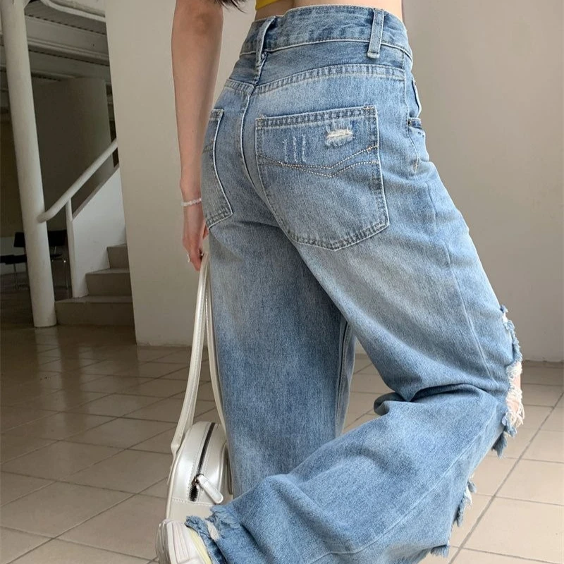 レディーススタイリッシュなワイドレッグサマージーンズフレアボトムスデニムパンツヴィンテージ風のデザインハイウエスト痩身効果パンツ