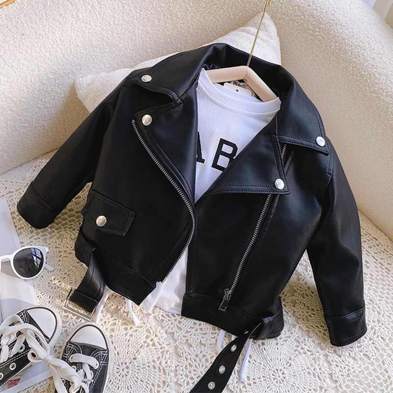 Autumn PU Leather Jackets Spring  Kids Boys Girls Classics Handsome Lapel Zipper Outerwear Fly Coats Casual Clothing 1-8 Years