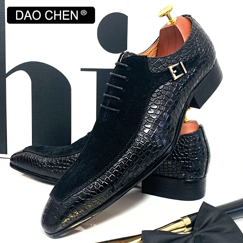 LUXURY MEN OXFORD SHOES LACE UP POINTED BLACK MACARON MEN DRESS SHOES SUEDE PATCHWORK CROCODILE PRINTS LEATHER SHOES MEN