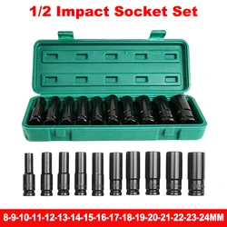 8-24mm Pneumatic Socket Set 1/2 Impact Wrench Head Long Mechanical Workshop Tools For Impact Spanner Deep Socket Key Set Hex Kit