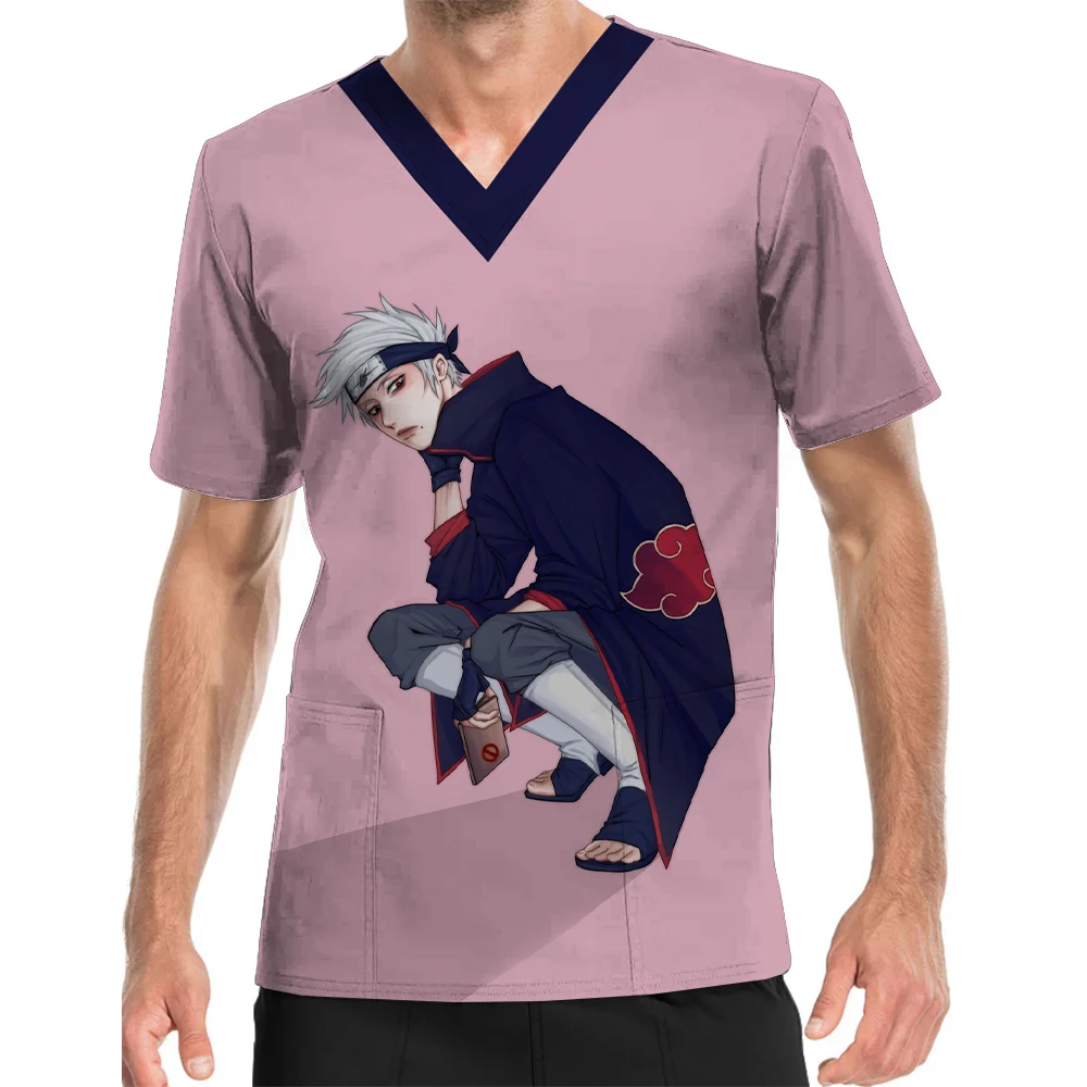 V-Neck Print Scrub Top Work Clothes Naruto Kakashi Printed Pattern Men's Florist Hospital Doctor Nurse Work Clothes