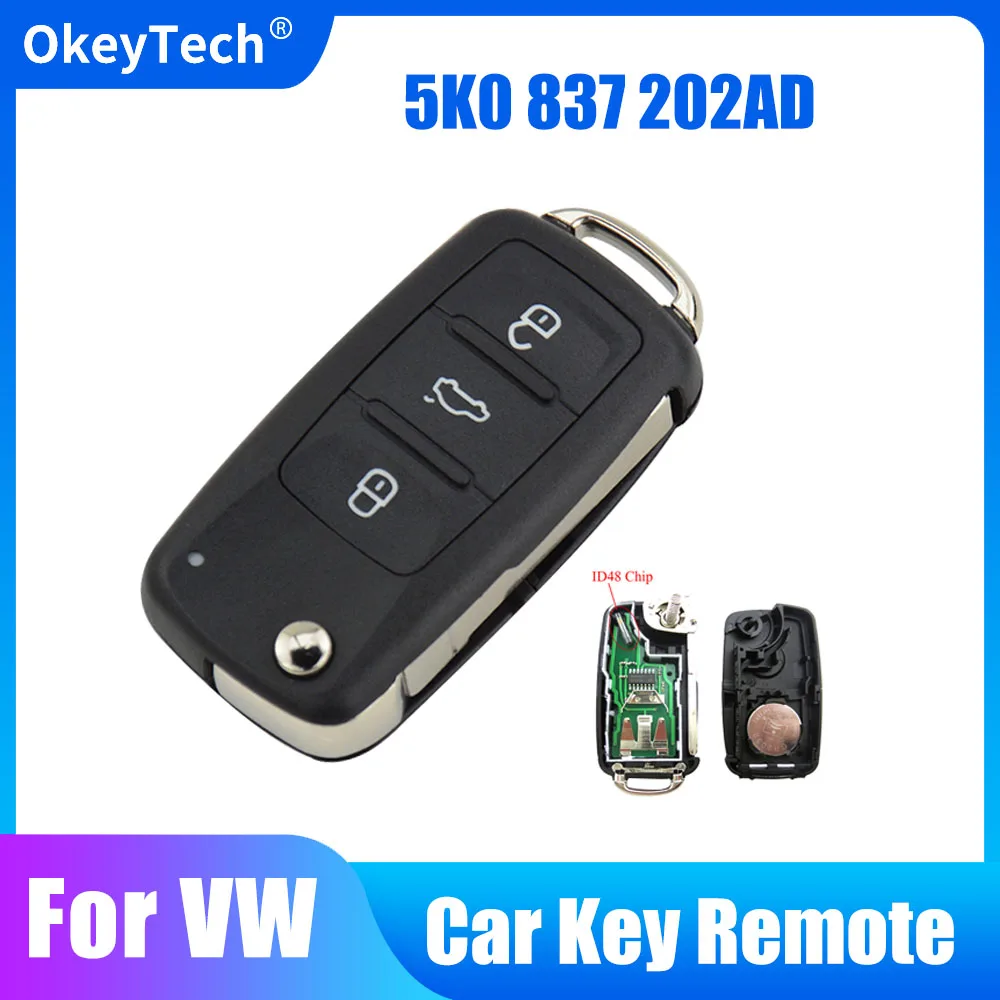 OkeyTech 3BT Remote Flip key 434MHz ID48 Chip for VW Volkswagen GOLF PASSAT Tiguan Polo Jetta Beetle Skoda Seat Car 5K0837202AD