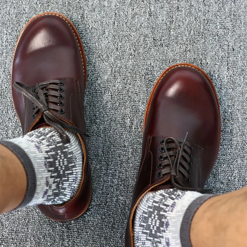 Leather Low Cut Casual Men\'s Shoes Goodyear-Welted Vintage Derby Shoes Craft Leather Midsole Round Head Tooling Red Shoes Jeans
