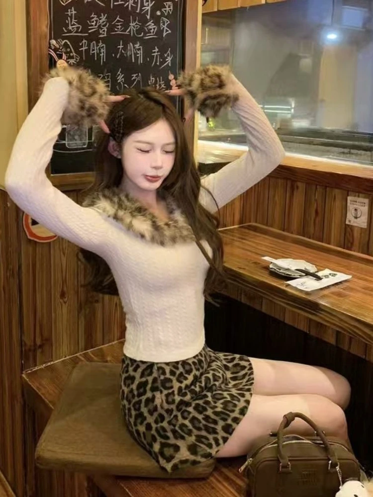 Hot Girl Design Slim Manica lunga Set da 2 pezzi Donna Estetica Y2k Inverno Maglia Patchwork T-shirt Abito a vita alta con stampa leopardata