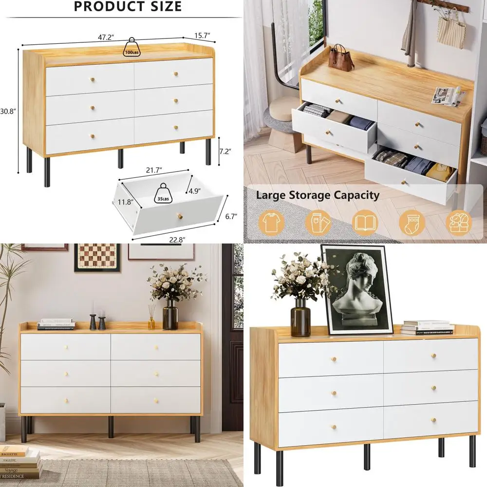 

6-Drawer Natural Wood Dresser with Spacious Drawers and Metal Handles for Bedroom or Hallway