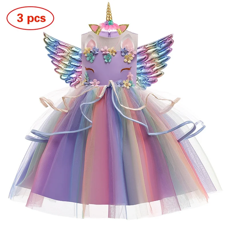 Gaun pesta putri musim panas kostum Unicorn gaun ulang tahun Fantasia tanpa lengan karnaval pakaian Halloween Unicorn