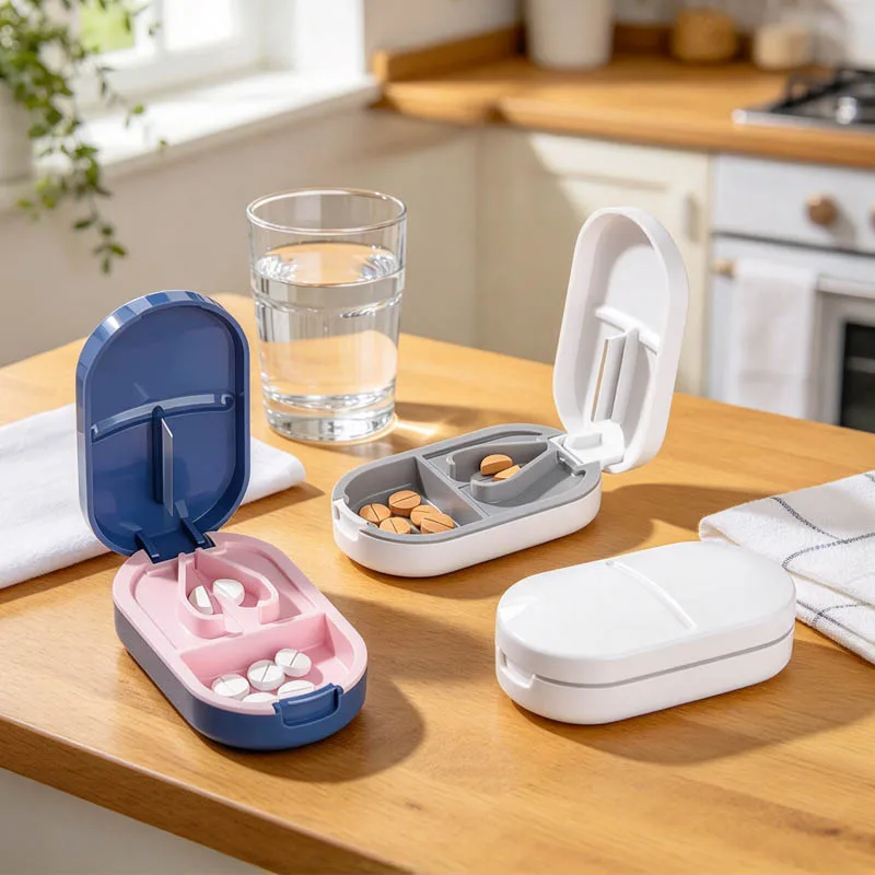 Pill Cutter with Invisible Storage Box Portable 2 in 1 Mini Drug Tablet Medicine Dustproof Divider Organizer Crusher Pill Box