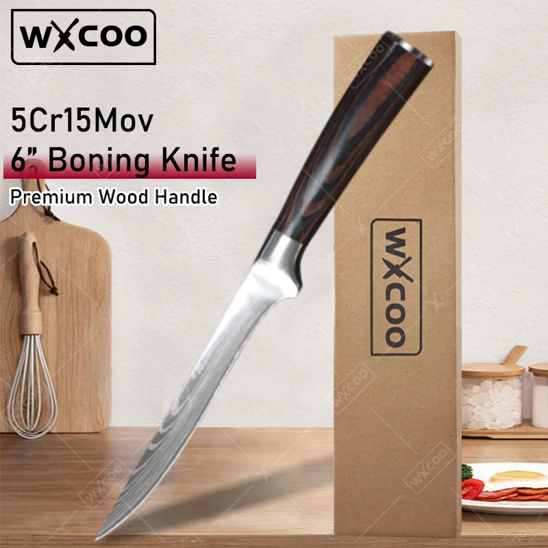 Wxcoo faca de desossa de 6 polegadas, aço inoxidável, facas de desossa forjadas à mão, afiada, faca de corte de carne, faca multiuso de chef