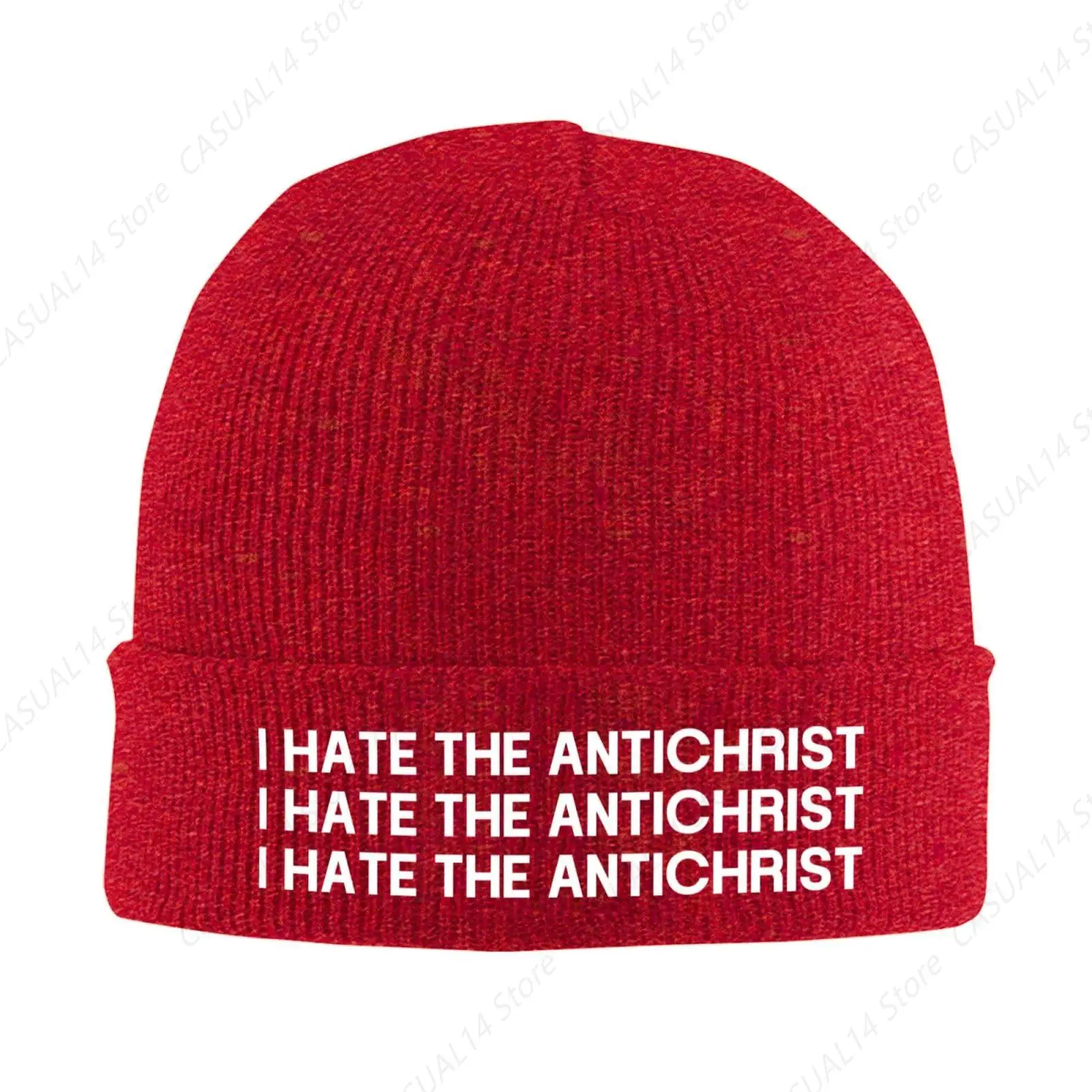 I Hate The Antichrist Beanie Hat for Men and Women Winter Warm Hats Knit Slouchy Skull Cap,Red