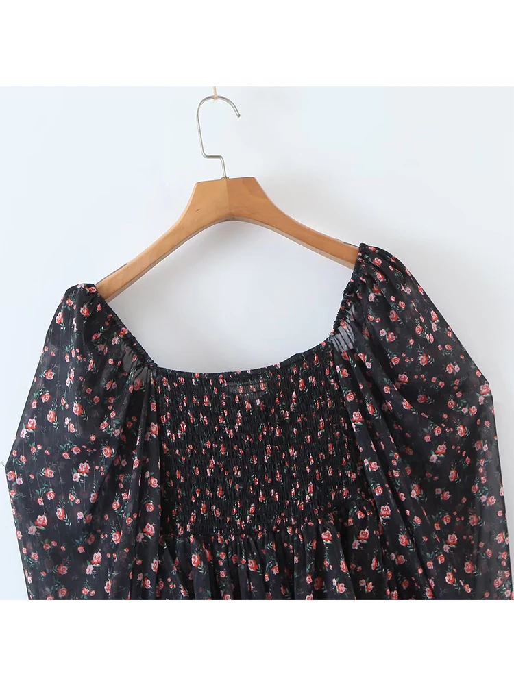 Vintage bloemenprint jurk dames 2023 nieuwe zomer chique chiffon mini-jurk sexy semi-transparante lange mouwen gelaagde ruches korte jurk