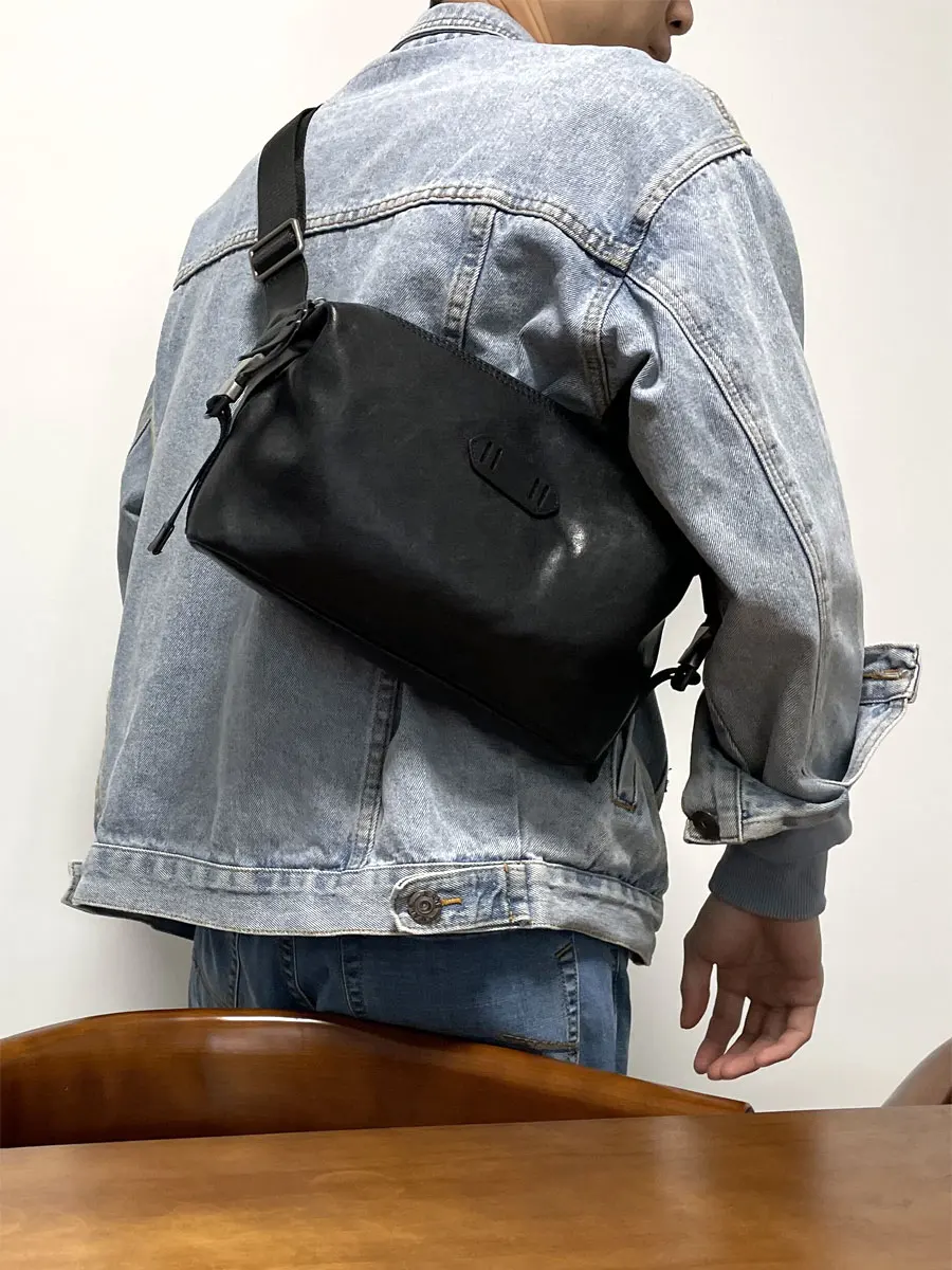 casual handmade vegetable tanned cowhide men chest bag outdoor weekend daily genuine leather black shoulder crossbody bag