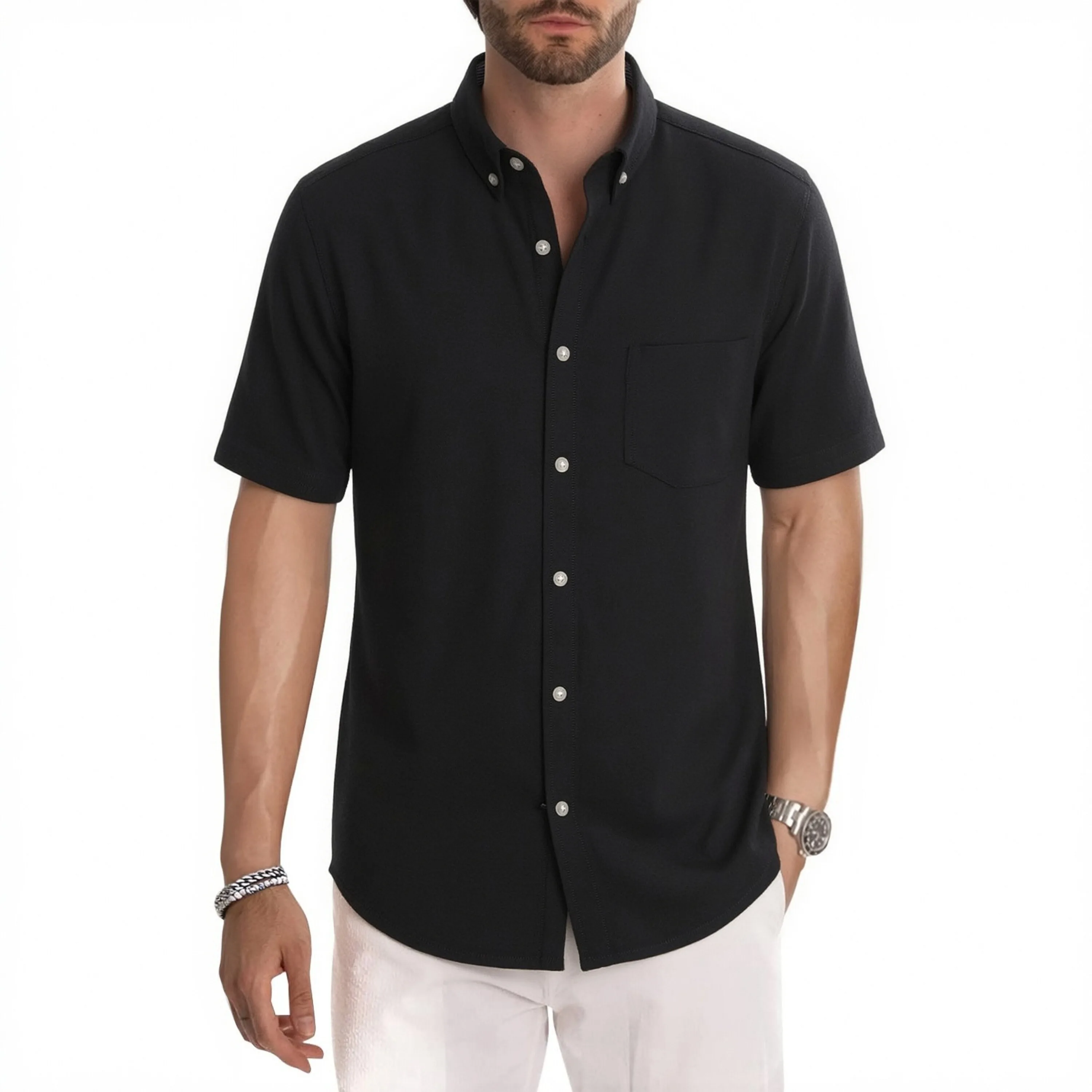 Men's short-sleeved Oxford-cotton shirt, suitable for summer casual wear, comfortable and versatile, perfect for street fashion.