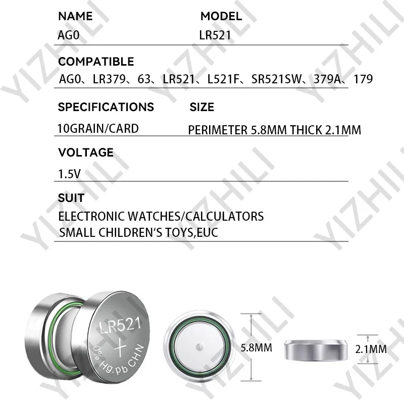 LR521 AG0 379 Button Batteries SR521SW 379A 1.5V Alkaline Coin Cell 179 D379 SR63 Silver OxideWatch Battery