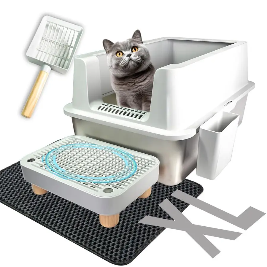 

Stainless Steel Cat Litter Box with Lid Extra Large Litter Box for Big Cats XL Metal Litter Pan Tray with High Wall Sides Enclos