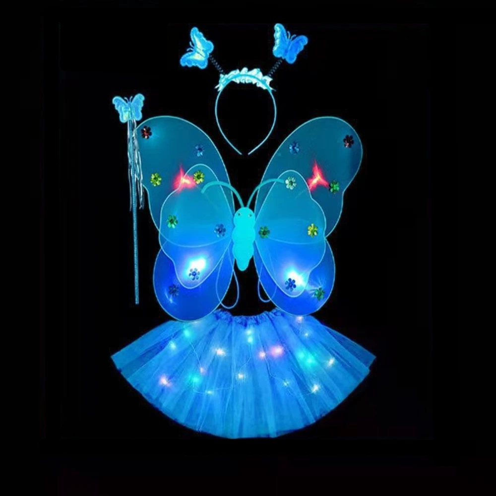 LED Children Costume Props Girls Skirts Angel Luminous Wings Flashing Butterfly Skirt Lights Suit Easter Valentines Children Day