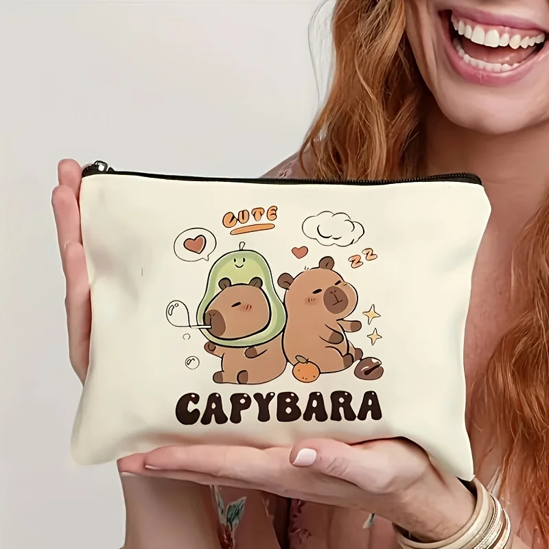 Capybara Canvas Makeup Bag Cute Zippered Pouch with Adorable Cartoon Capybara Design, Lightweight Foldable Toiletry Organize