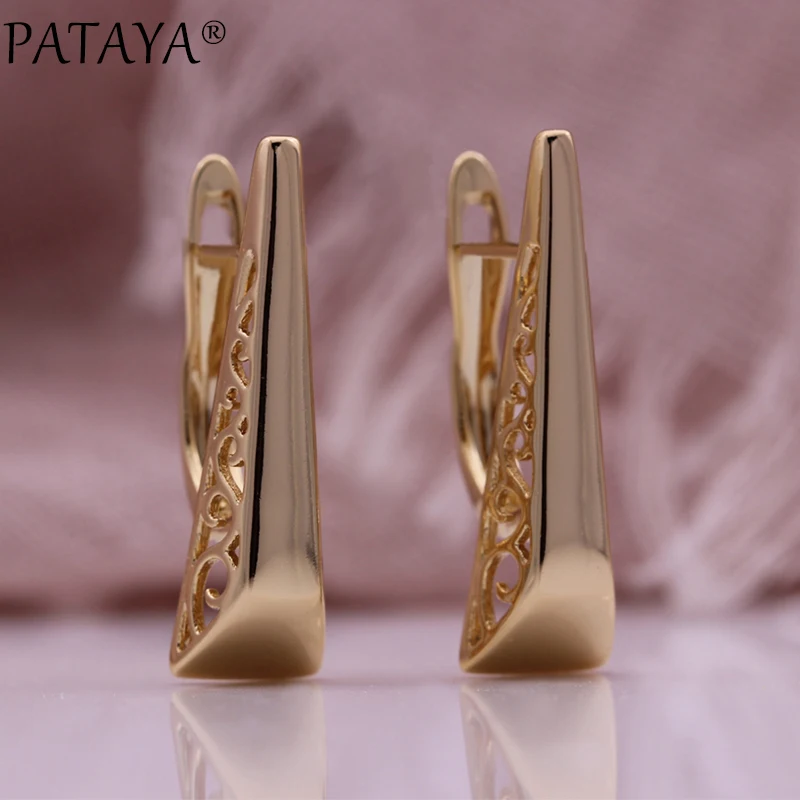 PATAYA New Glossy Hollow Metal Drop Earrings 585 Rose Gold Color Simple Women Jewelry Creative Fashion Christmas Gifts Earrings