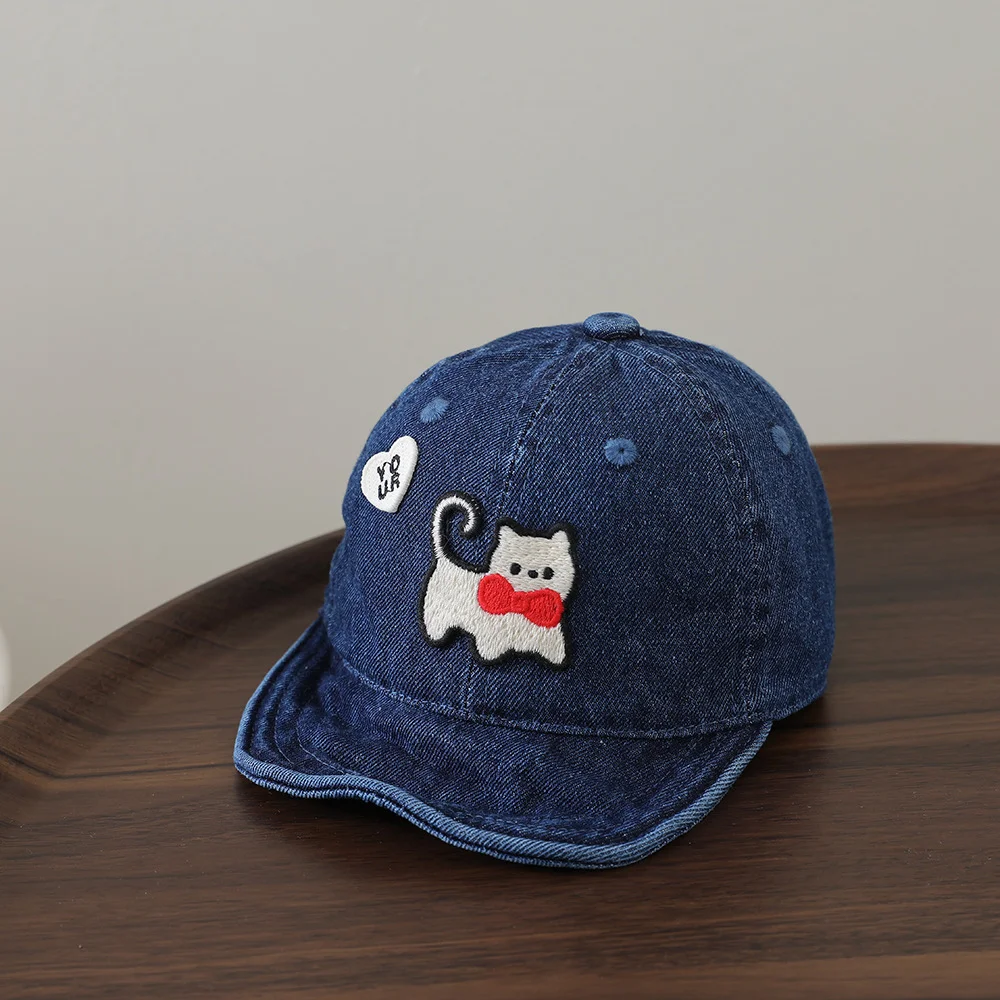 Children's washable denim soft-brimmed baseball cap with cat embroidery, duckbill style, cartoonish casual soft-top hat view 4