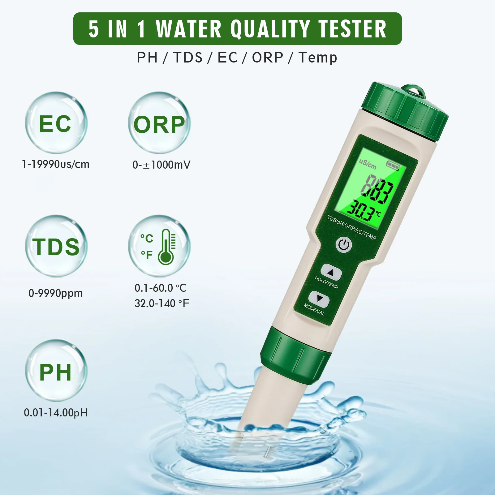 Five-in-one water quality pen PH/TDS/EC/ORP/temperature pH conductivity conductivity hardness test pen with backlight Drinking