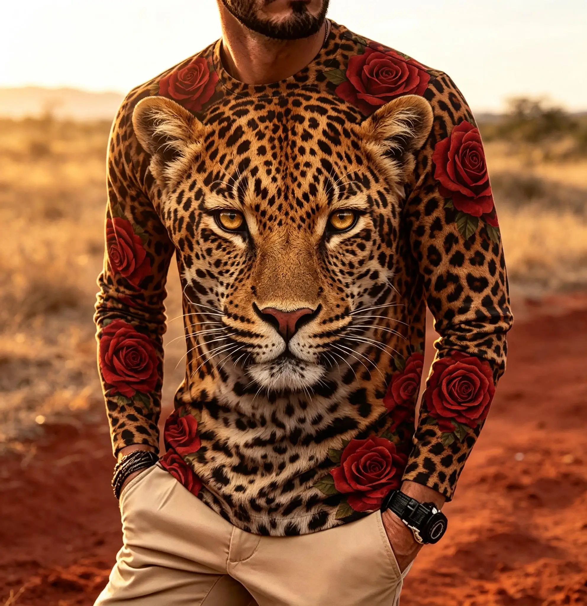 ens Leopard Face Rose Floral Long Sleeve T Shirt Wild Animal Print Red Flower Full Fashion Top