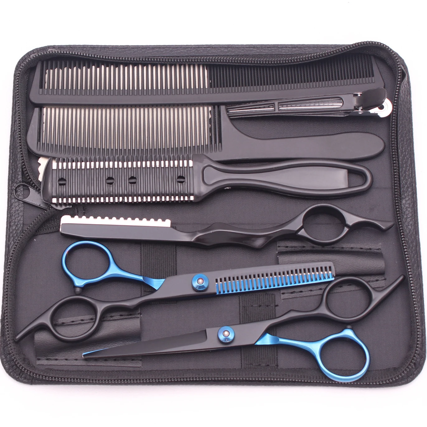 Haarschere JP Edelstahl Friseurschere 6" Haarschnitt Set Schwarz Effilierschere Salon Haarschnitt Schere Rasiermesser Kämme C1001