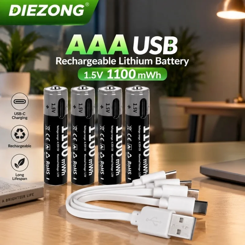 New USB Li-ion AAA Rechargeable Battery Aaa 1.5V 1100mWh Lithium Batteries with 4-in-1 USB Cable for Toys Camera Flashlight
