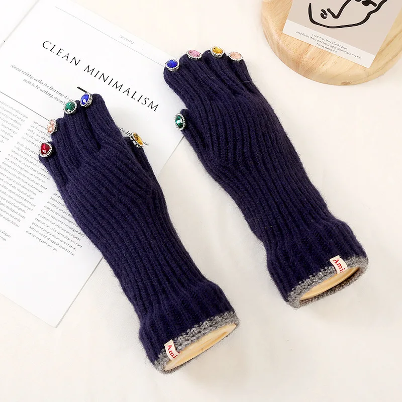 Frauen Winter Warme Gestrickte Volle Finger Handschuhe Solide Wolle Luxus Strass Mädchen Mode Touchscreen Fäustlinge Weibliche Drving – Detail 4