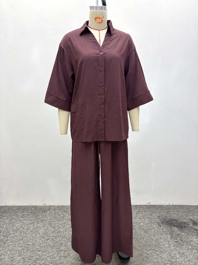Elegantes 2026 Afrikanisches Übergrößen-2-Teiler-Set: V-Ausschnitt Hemd mit Knöpfen, Bindegürtel und Weite Hose – Lässige Sommer-Outfits für Damen im Büro – Detail 2