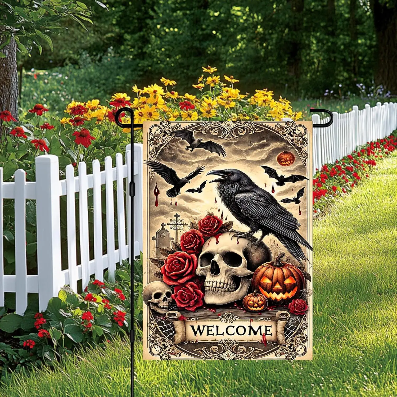 Halloween Garden Flag 12x18 Inch Gothic Skull Raven Flag Double Sided Spooky Yard Banner Pumpkin Bat Scene Outdoor Fall Deco SSL