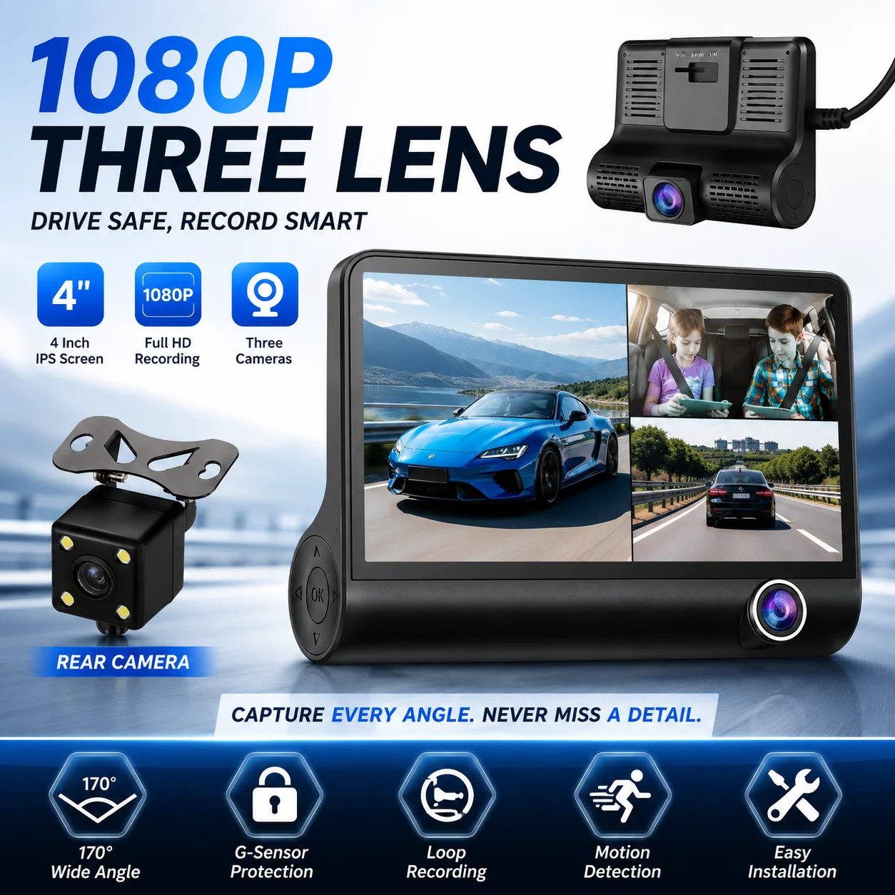 1080P Three Lens Dash Cam with 4 Inch IPS Screen Night Vision Loop Recording G Sensor 170° Wide Angle Motion Detection Car Camera