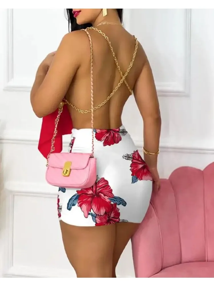 Summer Women's Sexy Party Skirt Set Solid Color V-neck Asymmetric Ruffle Chain Belt Bareback Strap Top Ruffle Mini Hip Wrap